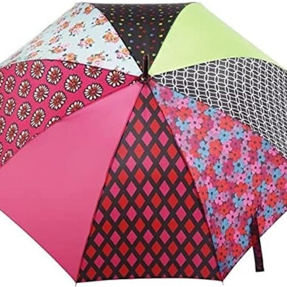 Totes Auto Open Umbrella Wooden Handle, Upcycled Patchwork - 9721 (U47) - Picture 1 of 3